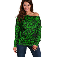 New Zealand Off Shoulder Sweater Maori Pattern Green LT6 - Wonder Print Shop