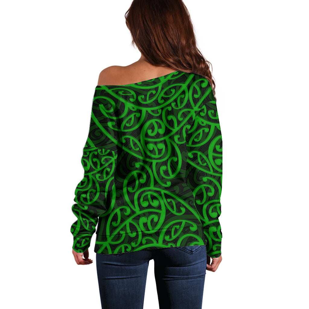 New Zealand Off Shoulder Sweater Maori Pattern Green LT6 - Wonder Print Shop