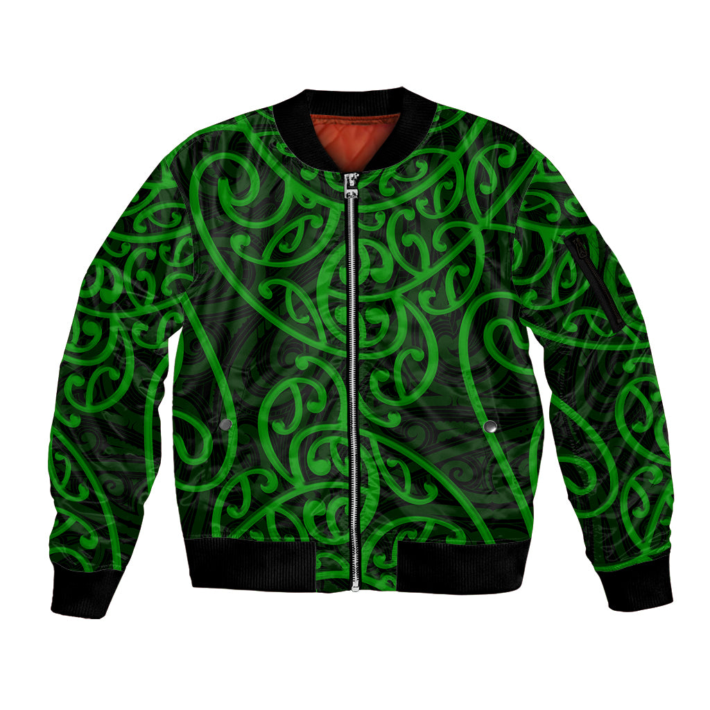 New Zealand Sleeve Zip Bomber Jacket Maori Pattern Green LT6 - Wonder Print Shop