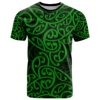 Maori pattern green T-shirt with crew neck, front view