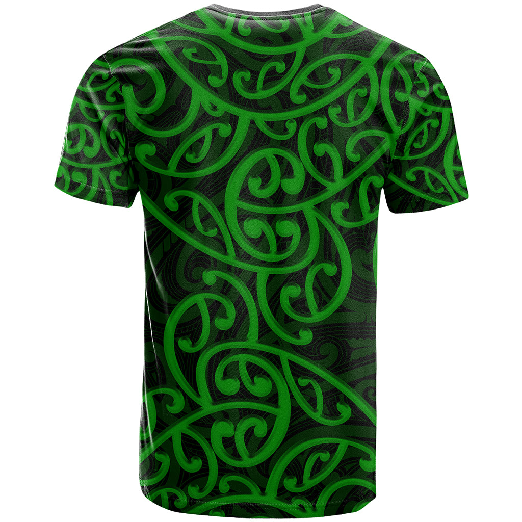 Maori pattern green T-shirt with crew neck, back view