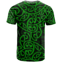 Maori pattern green T-shirt with crew neck, back view