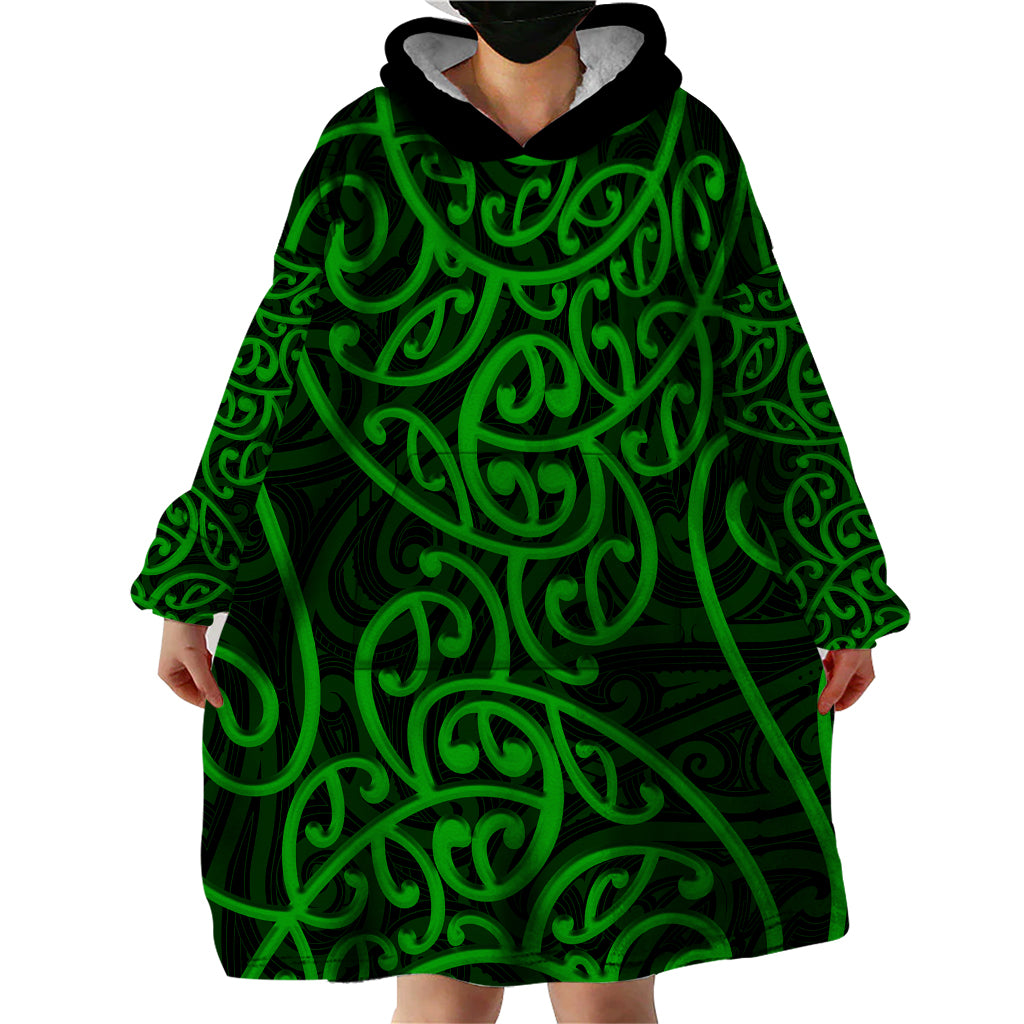 New Zealand Wearable Blanket Hoodie Maori Pattern Green LT6 - Wonder Print Shop