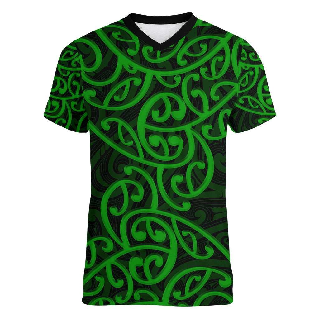 New Zealand Women V Neck T Shirt Maori Pattern Green LT6 - Wonder Print Shop