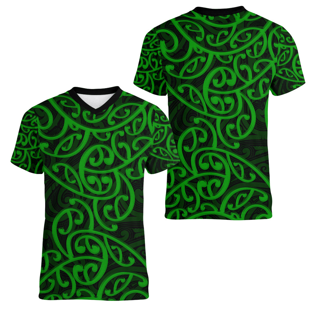 New Zealand Women V Neck T Shirt Maori Pattern Green LT6 - Wonder Print Shop