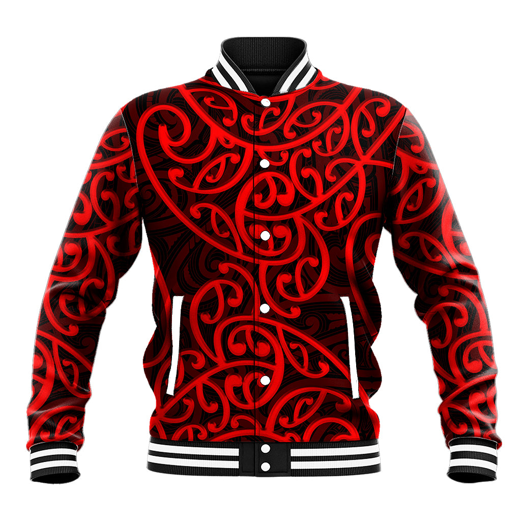 New Zealand Baseball Jacket Maori Pattern Red LT6 - Wonder Print Shop