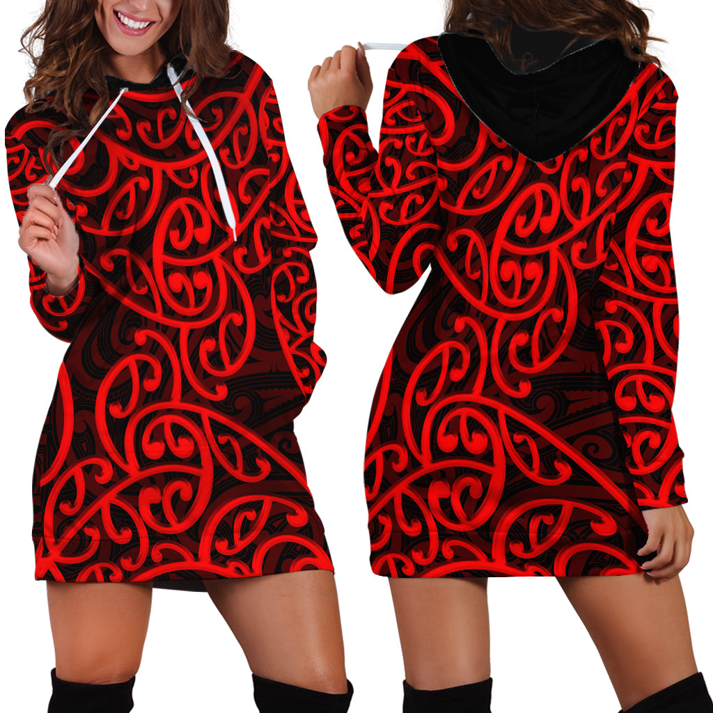 New Zealand Hoodie Dress Maori Pattern Red LT6 - Wonder Print Shop