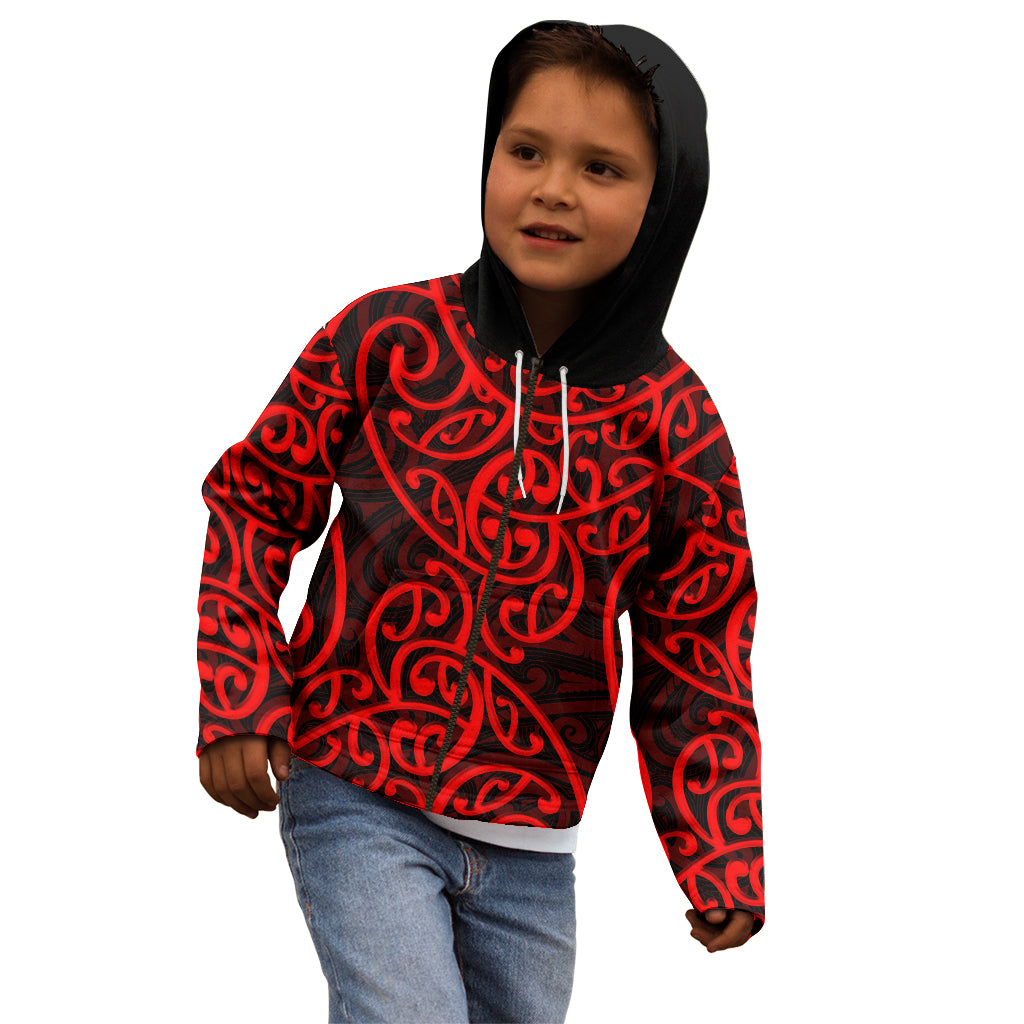 New Zealand Kid Hoodie Maori Pattern Red LT6 - Wonder Print Shop
