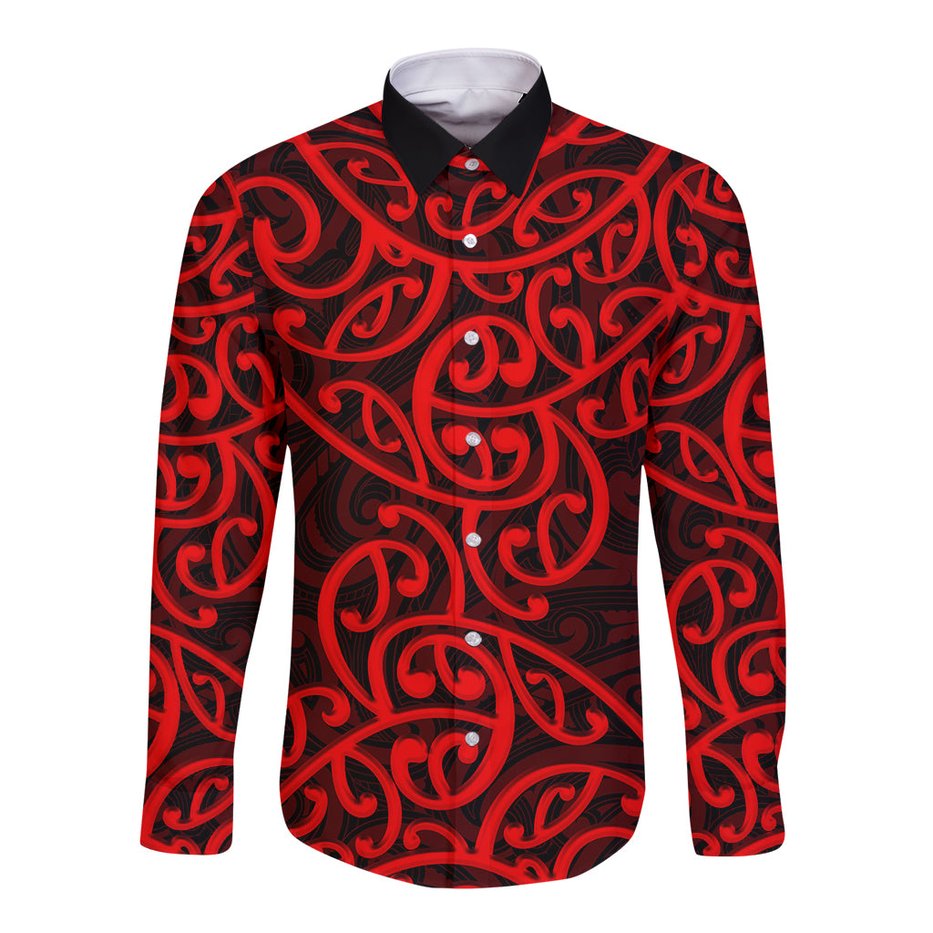 New Zealand Long Sleeve Button Shirt Maori Pattern Red LT6 - Wonder Print Shop