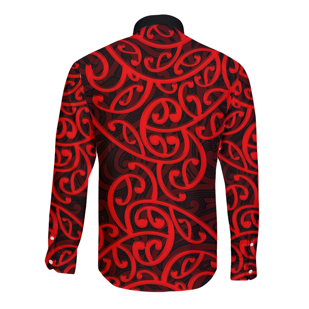 New Zealand Long Sleeve Button Shirt Maori Pattern Red LT6 - Wonder Print Shop