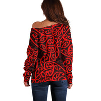 New Zealand Off Shoulder Sweater Maori Pattern Red LT6 - Wonder Print Shop
