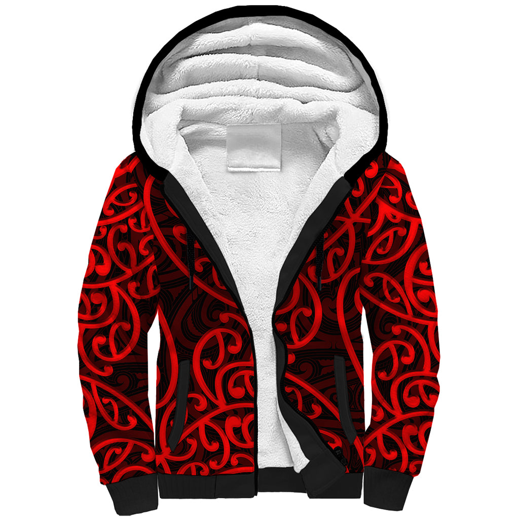 New Zealand Sherpa Hoodie Maori Pattern Red LT6 - Wonder Print Shop