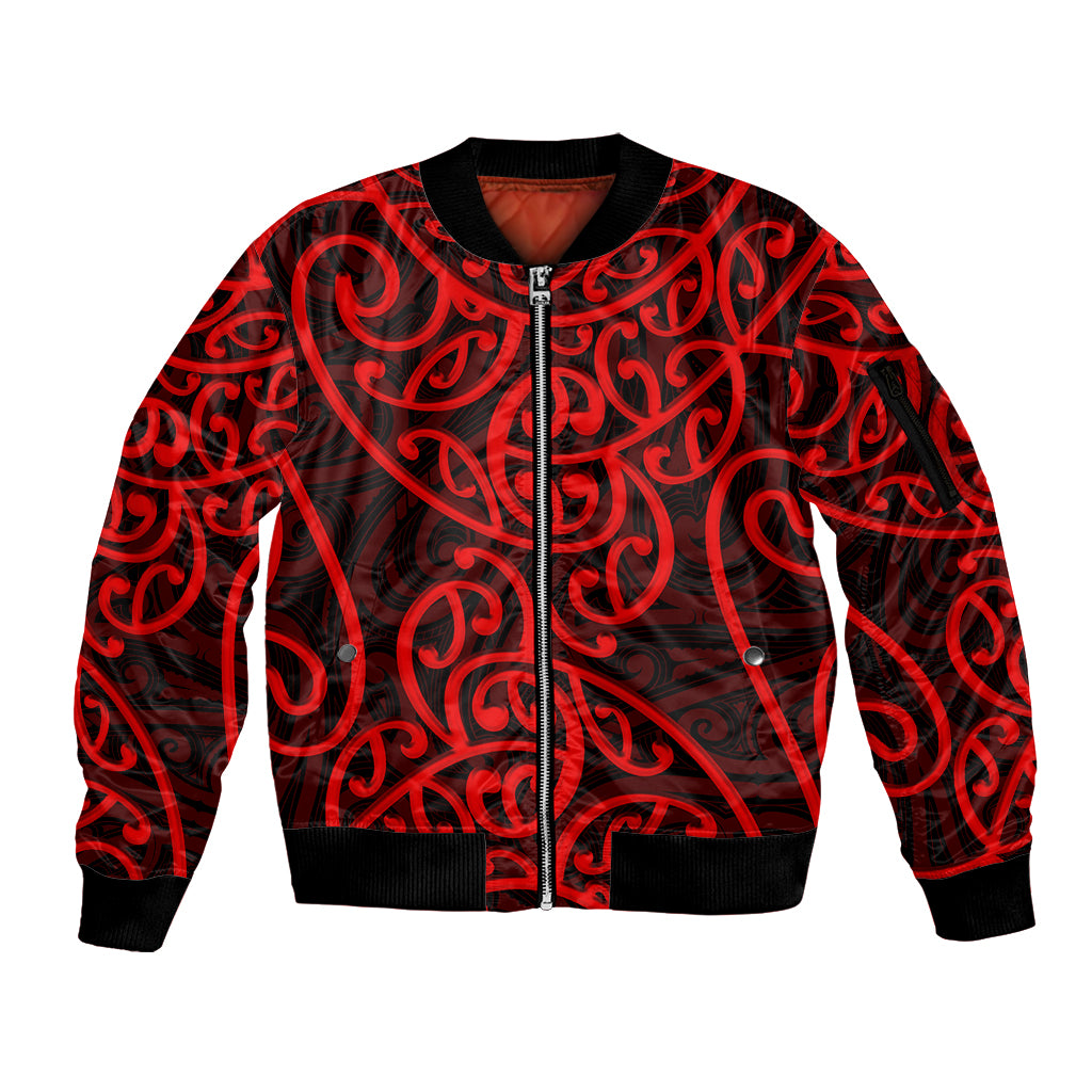 New Zealand Sleeve Zip Bomber Jacket Maori Pattern Red LT6 - Wonder Print Shop