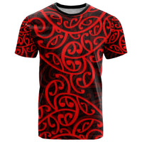Red crewneck T-shirt with black and red Maori swirl pattern, short sleeves