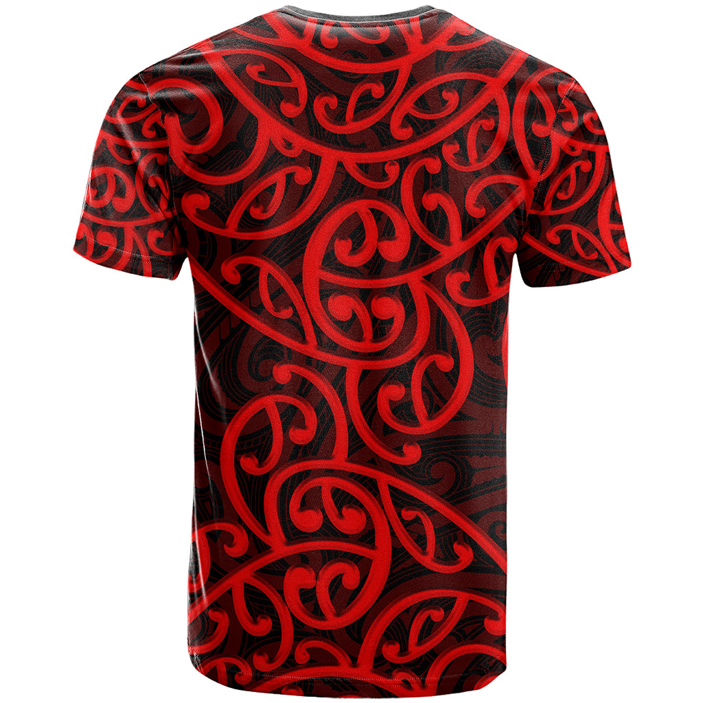 Red crewneck T-shirt with black and red Maori swirl pattern, back view, short sleeves