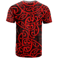 Red crewneck T-shirt with black and red Maori swirl pattern, back view, short sleeves