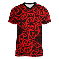 New Zealand Women V Neck T Shirt Maori Pattern Red LT6 - Wonder Print Shop