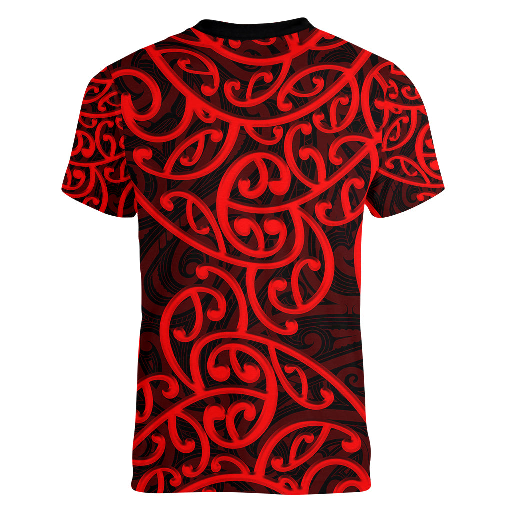 New Zealand Women V Neck T Shirt Maori Pattern Red LT6 - Wonder Print Shop