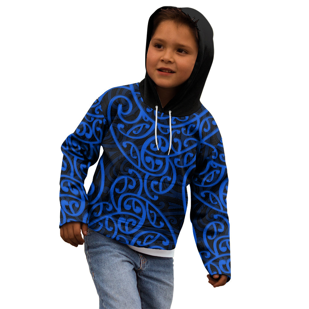 New Zealand Kid Hoodie Maori Pattern Blue LT6 - Wonder Print Shop