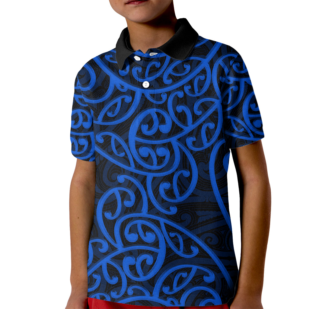 New Zealand Kid Polo Shirt Maori Pattern Blue LT6 - Wonder Print Shop