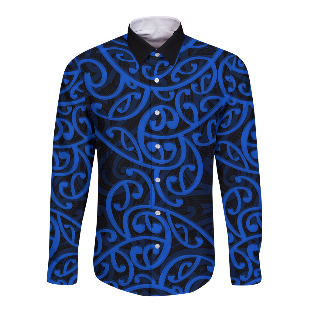 New Zealand Long Sleeve Button Shirt Maori Pattern Blue LT6 - Wonder Print Shop