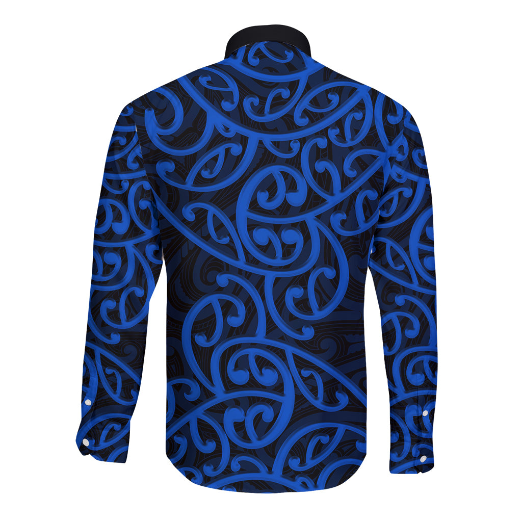 New Zealand Long Sleeve Button Shirt Maori Pattern Blue LT6 - Wonder Print Shop