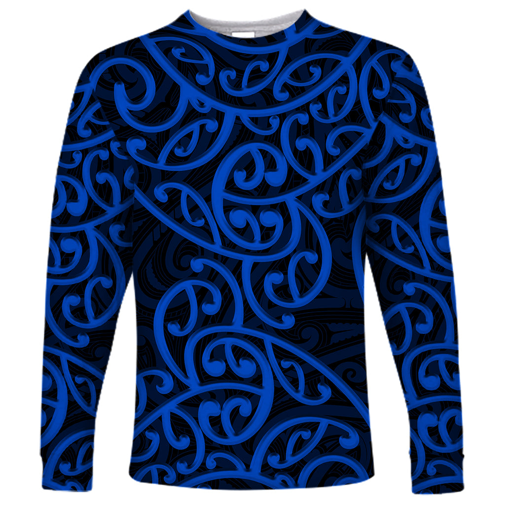 New Zealand Long Sleeve Shirt Maori Pattern Blue LT6 - Wonder Print Shop
