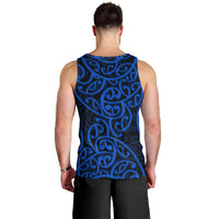 Men's blue tank top back with Maori tribal swirl pattern, sleeveless crew neck