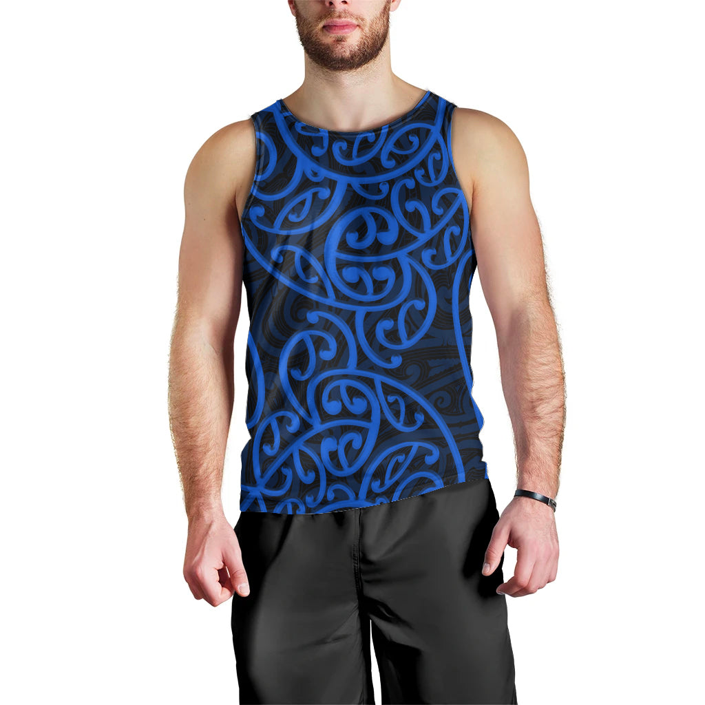 Men's blue tank top with Maori tribal swirl pattern, sleeveless crew neck