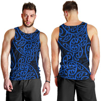 Men's blue tank top with Maori tribal swirl pattern, sleeveless crew neck