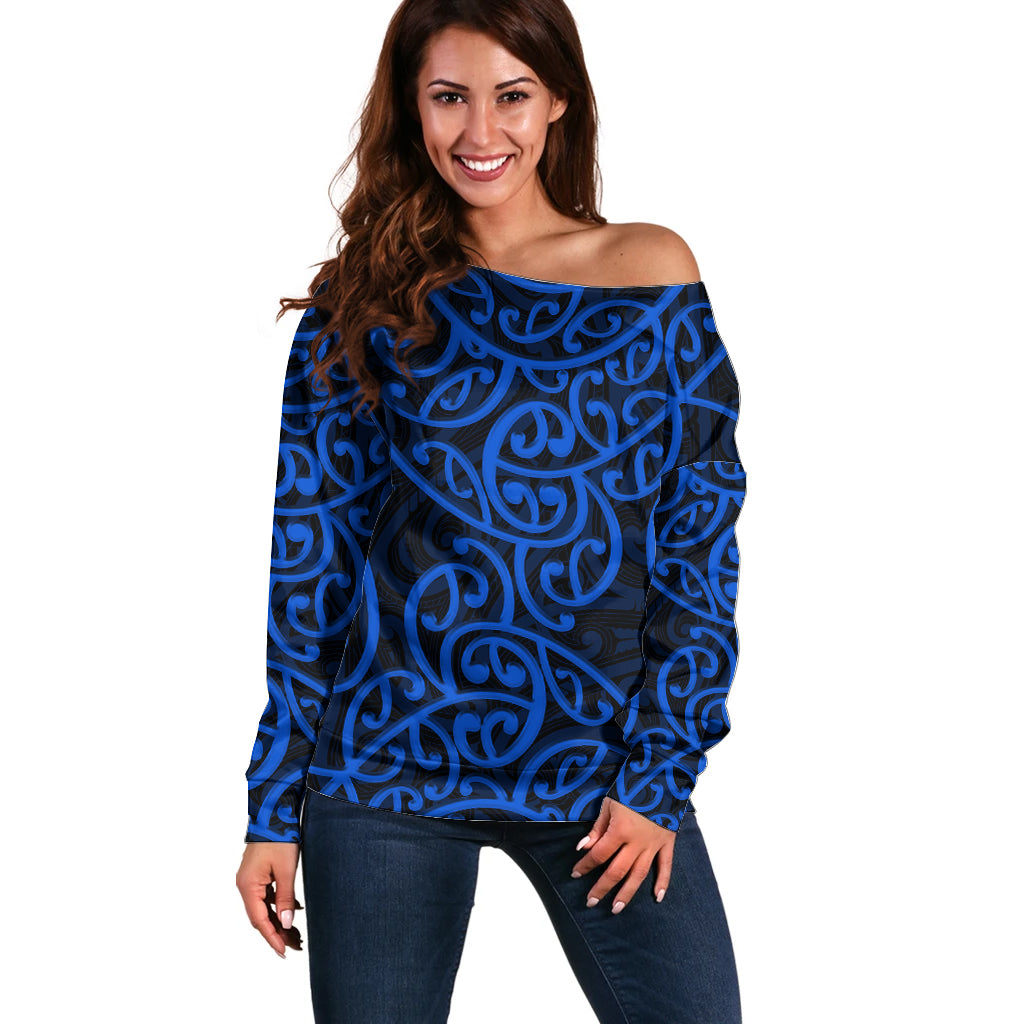 New Zealand Off Shoulder Sweater Maori Pattern Blue LT6 - Wonder Print Shop