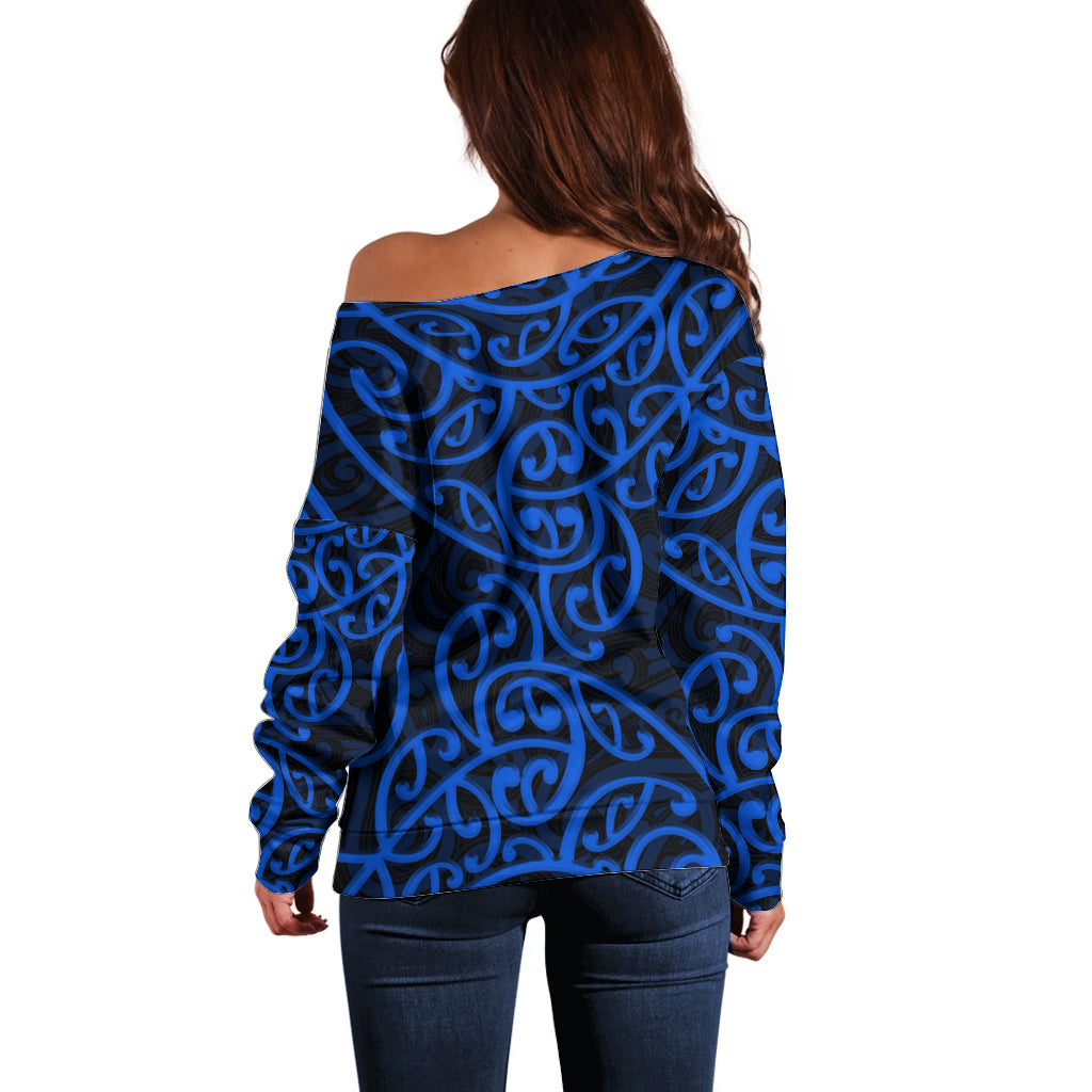 New Zealand Off Shoulder Sweater Maori Pattern Blue LT6 - Wonder Print Shop