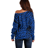 New Zealand Off Shoulder Sweater Maori Pattern Blue LT6 - Wonder Print Shop