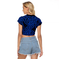 New Zealand Raglan Cropped T Shirt Maori Pattern Blue LT6 - Wonder Print Shop