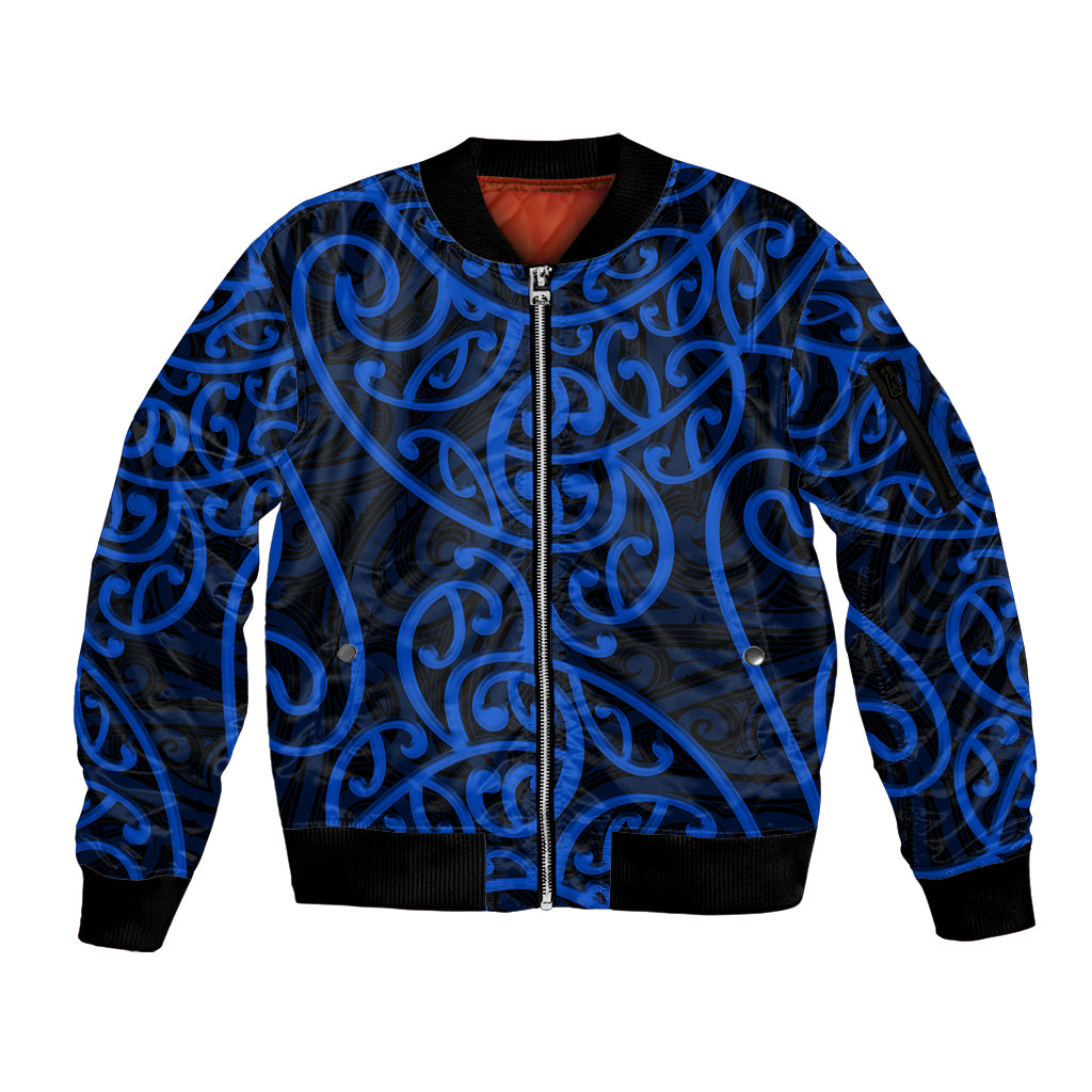 New Zealand Sleeve Zip Bomber Jacket Maori Pattern Blue LT6 - Wonder Print Shop