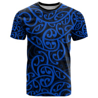 Blue T-shirt with black-and-blue Maori swirl pattern, crew neck, short sleeves