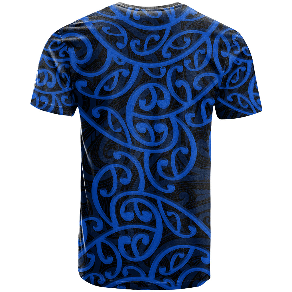 Blue crew-neck T-shirt with black-and-blue Maori swirl pattern, short sleeves (back)