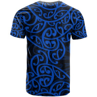 Blue crew-neck T-shirt with black-and-blue Maori swirl pattern, short sleeves (back)