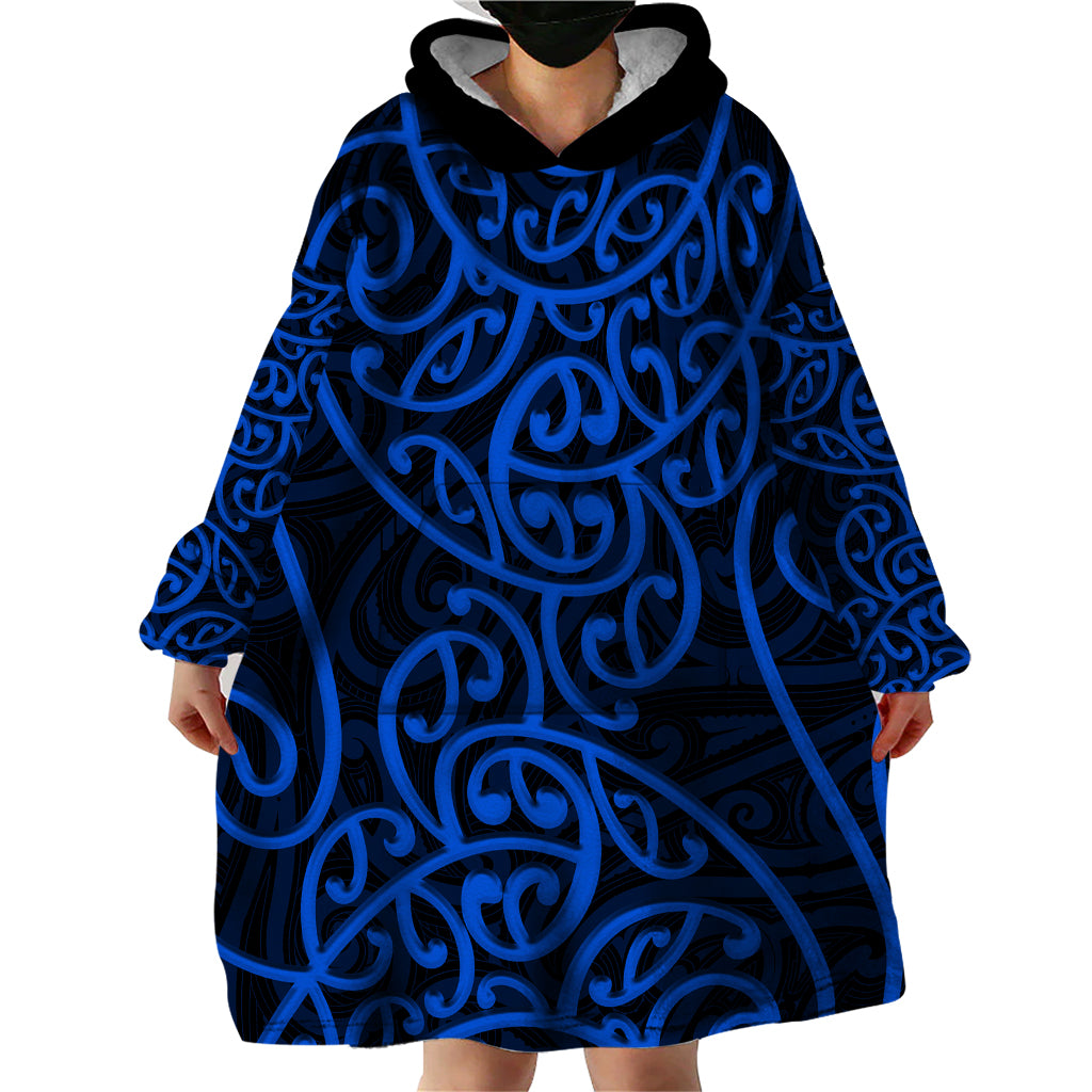 New Zealand Wearable Blanket Hoodie Maori Pattern Blue LT6 - Wonder Print Shop