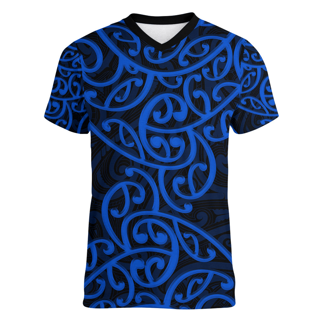 New Zealand Women V Neck T Shirt Maori Pattern Blue LT6 - Wonder Print Shop
