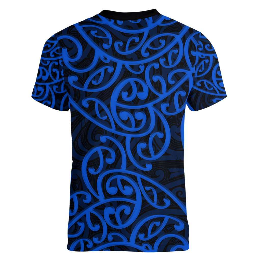 New Zealand Women V Neck T Shirt Maori Pattern Blue LT6 - Wonder Print Shop