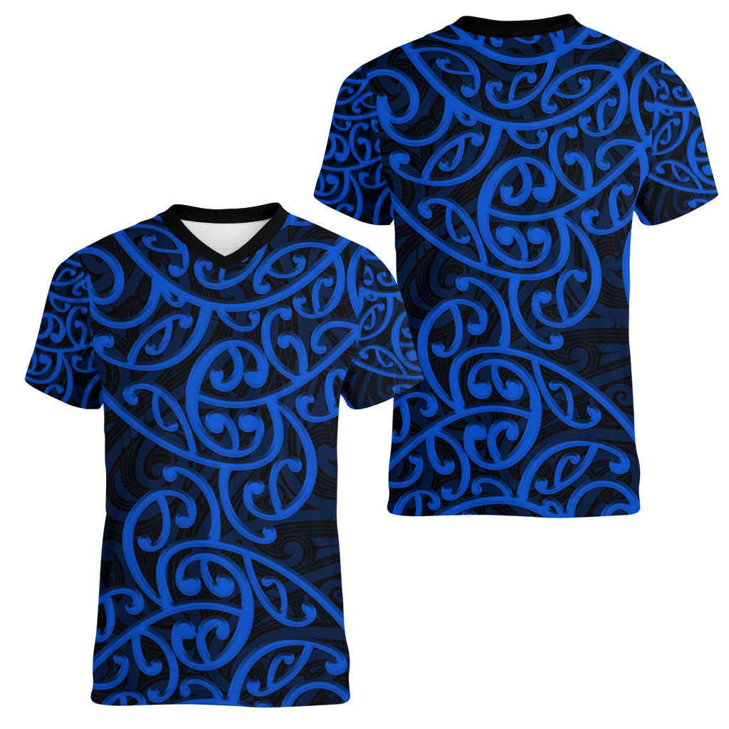 New Zealand Women V Neck T Shirt Maori Pattern Blue LT6 - Wonder Print Shop