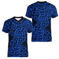 New Zealand Women V Neck T Shirt Maori Pattern Blue LT6 - Wonder Print Shop