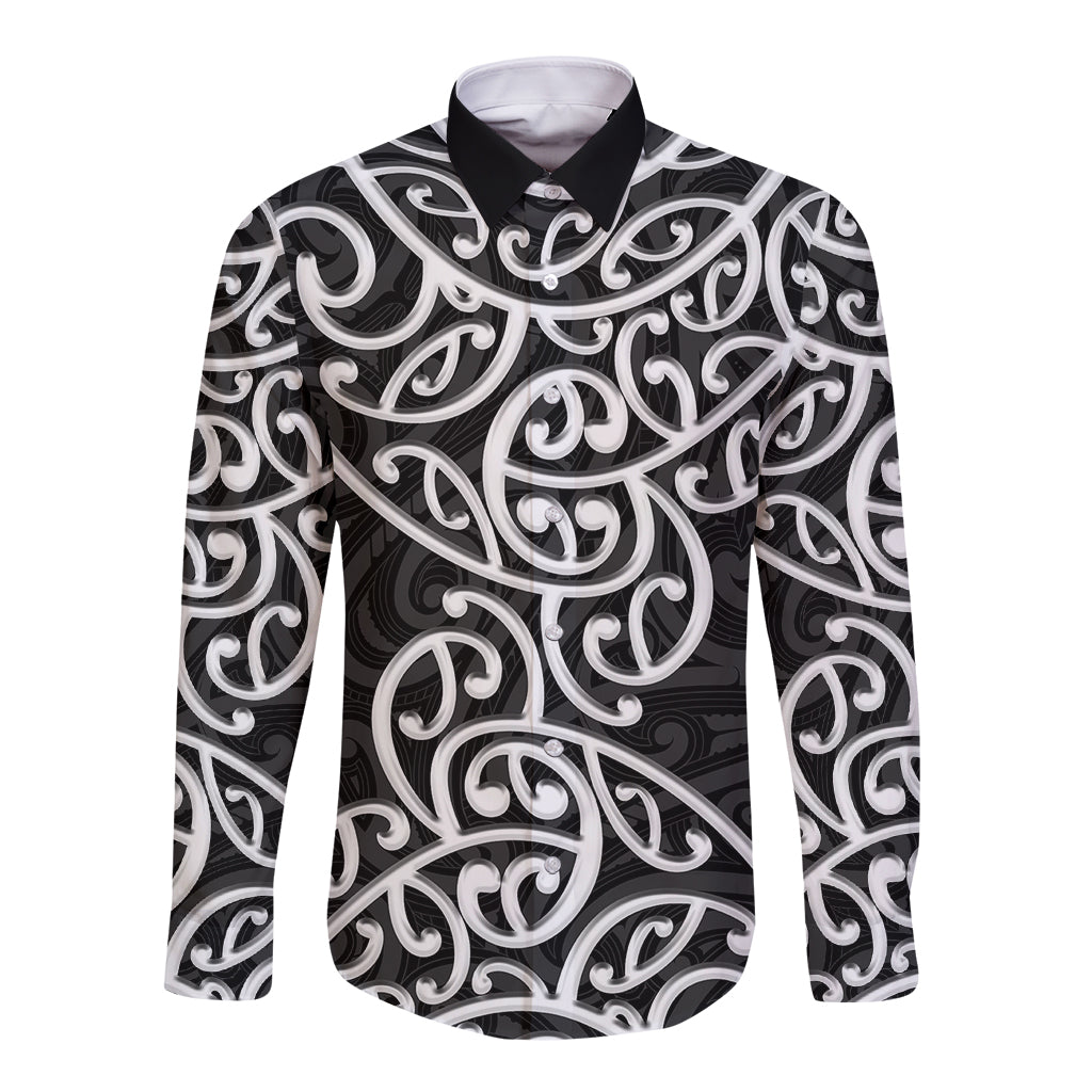 New Zealand Long Sleeve Button Shirt Maori Pattern White LT6 - Wonder Print Shop