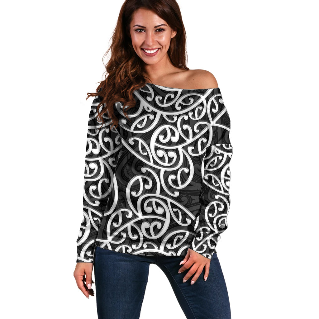 New Zealand Off Shoulder Sweater Maori Pattern White LT6 - Wonder Print Shop
