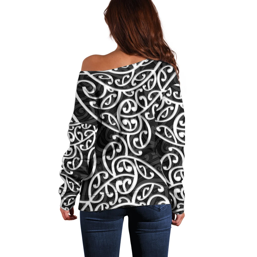 New Zealand Off Shoulder Sweater Maori Pattern White LT6 - Wonder Print Shop