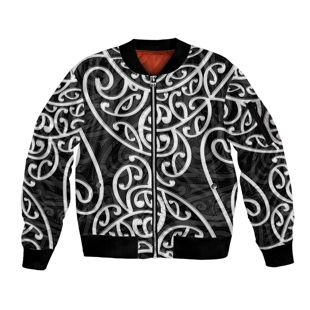 New Zealand Sleeve Zip Bomber Jacket Maori Pattern White LT6 - Wonder Print Shop