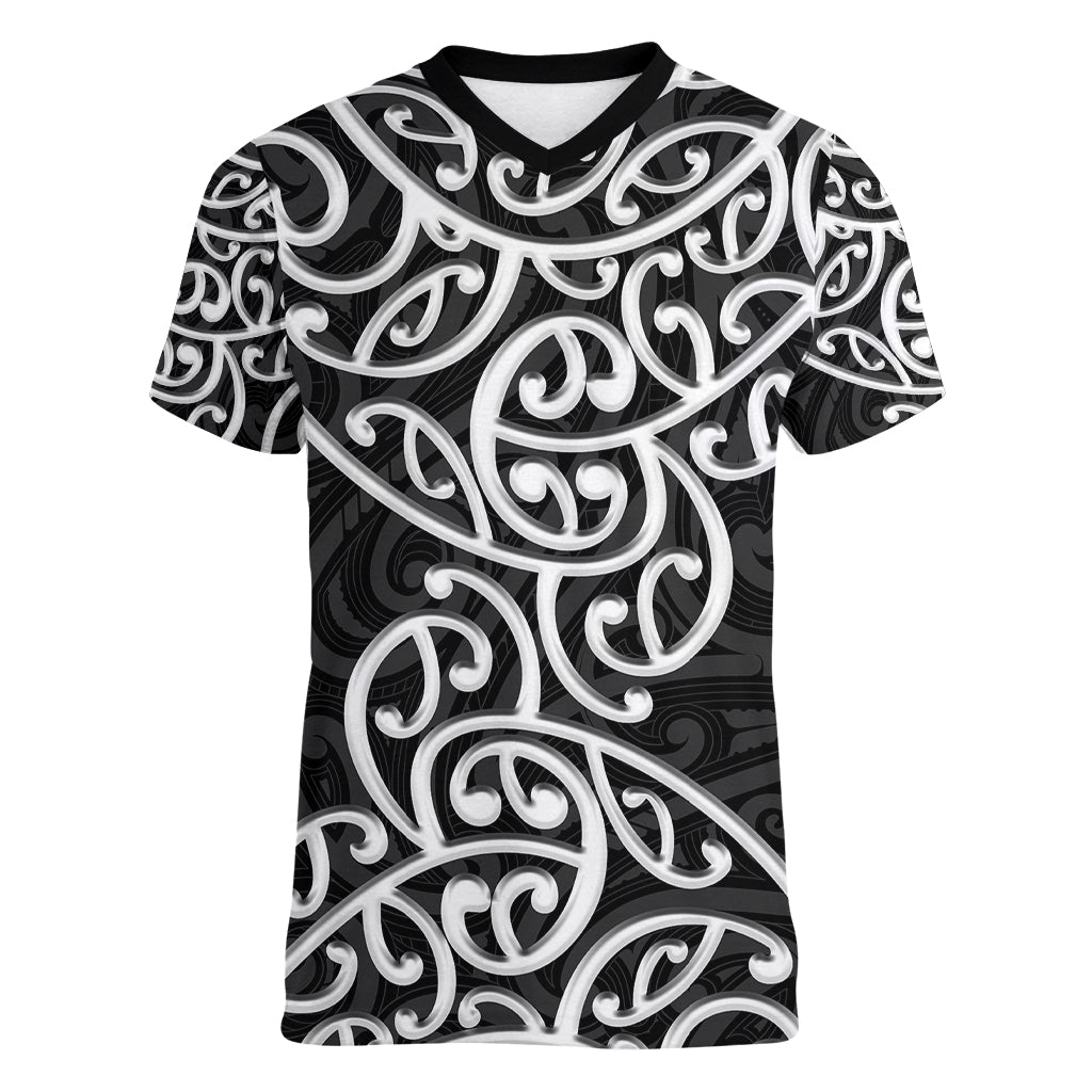 New Zealand Women V Neck T Shirt Maori Pattern White LT6 - Wonder Print Shop