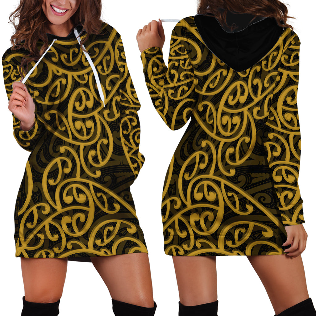 New Zealand Hoodie Dress Maori Pattern Gold LT6 - Wonder Print Shop