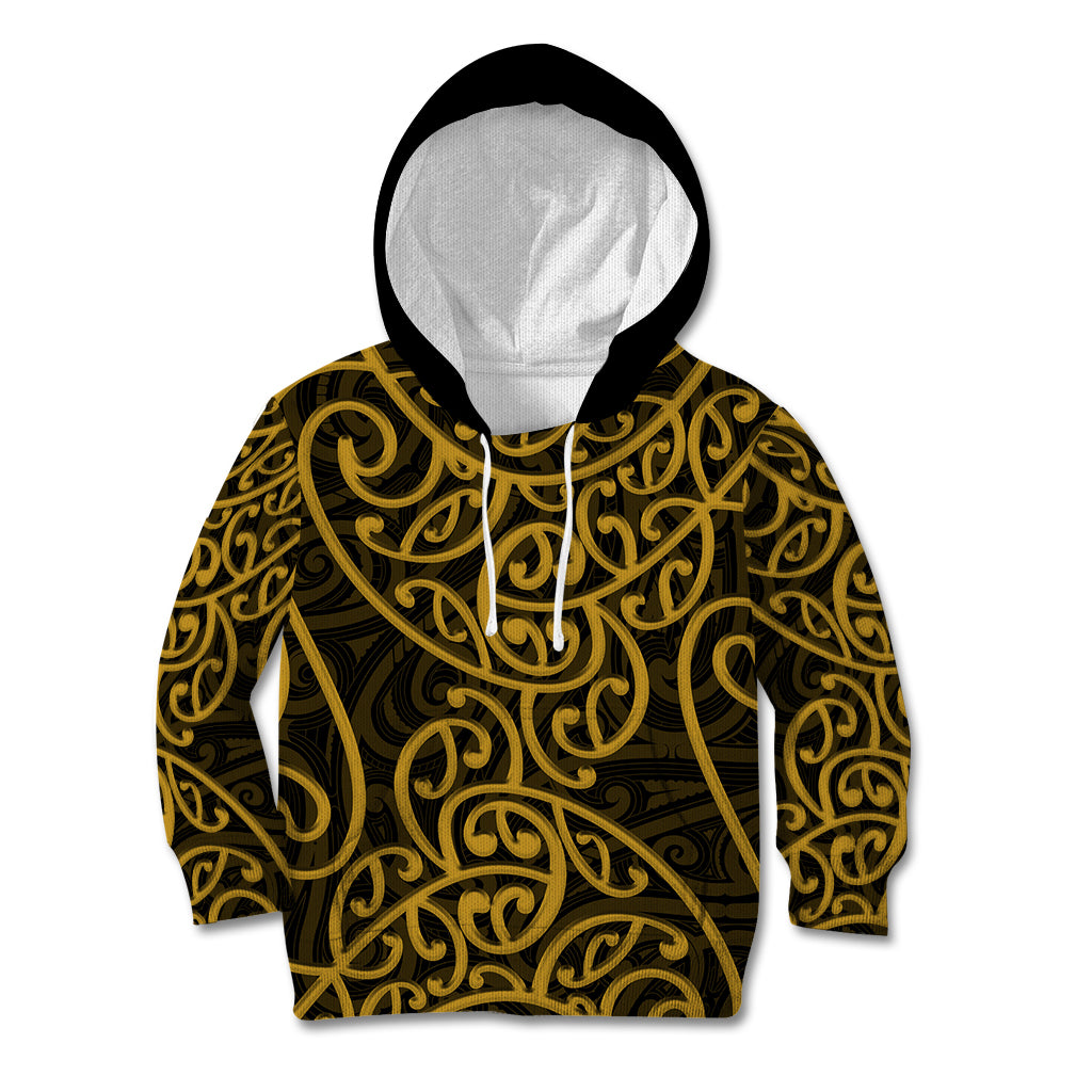 New Zealand Kid Hoodie Maori Pattern Gold LT6 - Wonder Print Shop